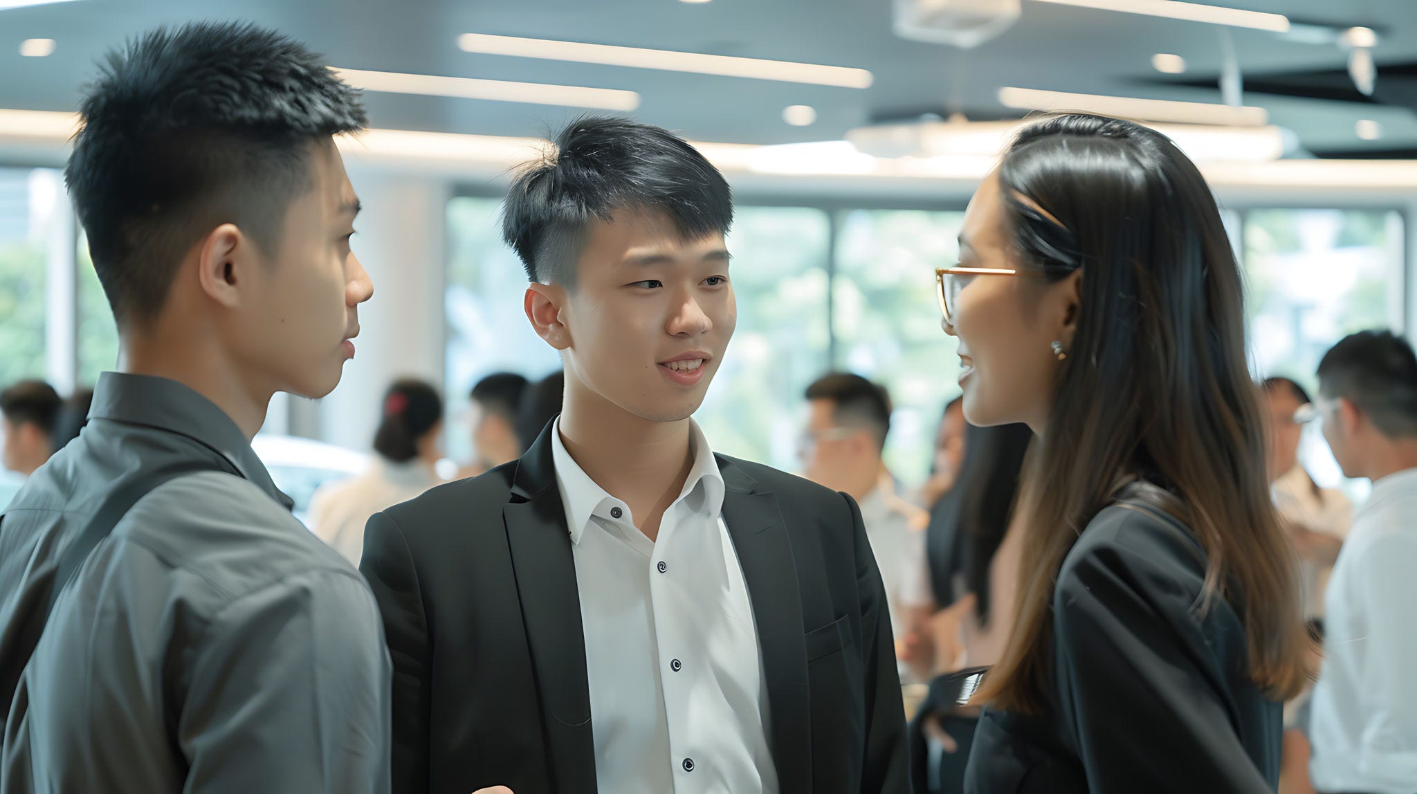 Three Young Professionals Networking at a Business Event Three young professionals engage in a conversation at a business event. They appear to be networking and discussing work-related topics.