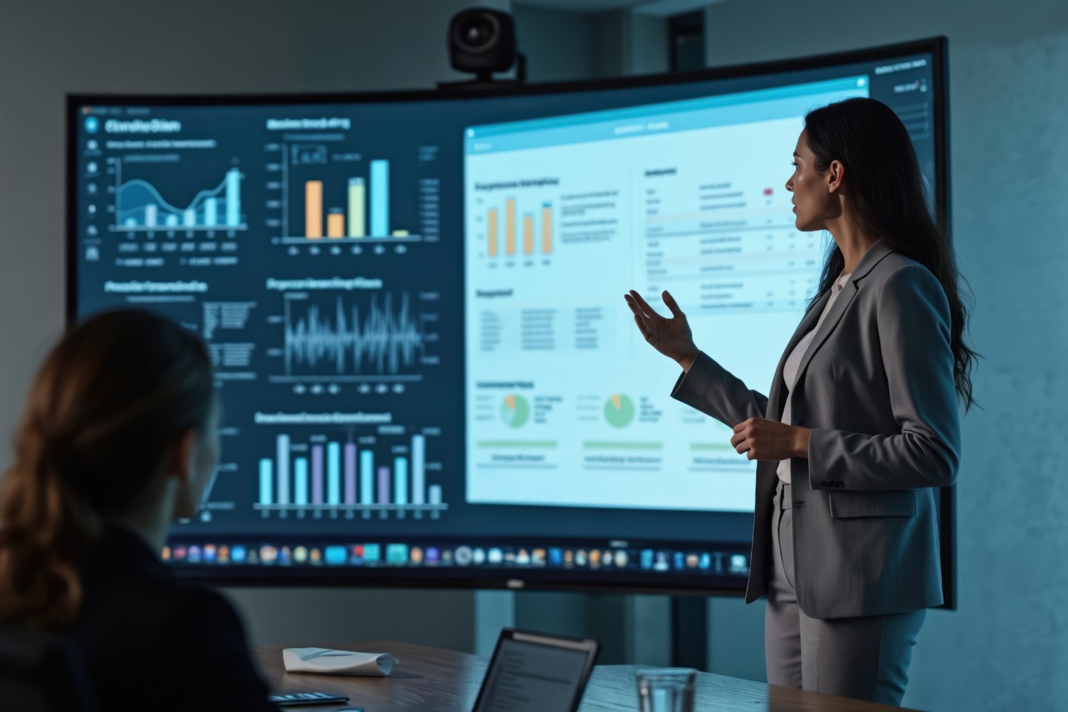 A person standing presenting data on a wide screen