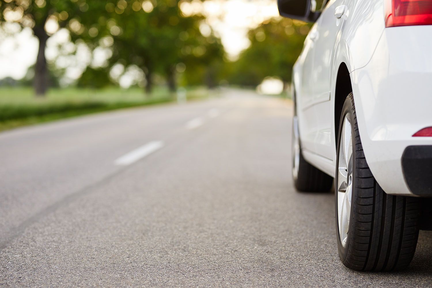 View of white car from back wheel